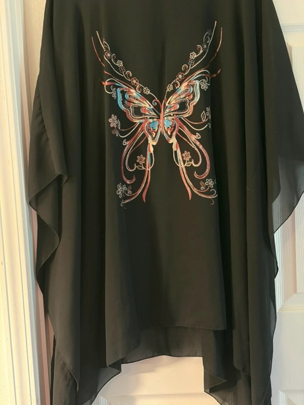 Black Chiffon Butterfly-Embroidered Tunic Top